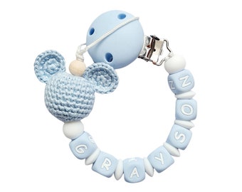 Full Silicone Handmade Personalised Dummy Pacifier Clip Chain Silicone Clip Boy Blue White Baby Shower  Present Crochet Mickey Mouse Head