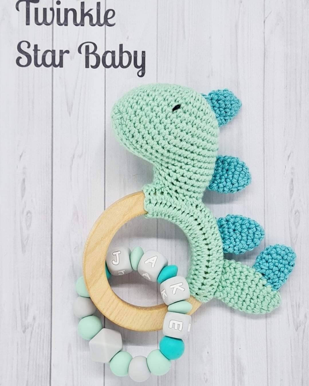 Personalised Crochet Dinosaur Rattle Birth Sensory Green - Etsy UK