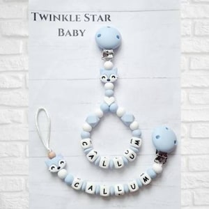 Matching Fox Pram Charm And Silicone Dummy Clip Set Boy Blue White Baby Babies Pacifier