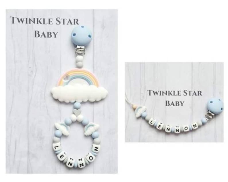 Matching Pram Charm And Silicone Dummy Clip Set Boy Blue White Grey Rainbow Baby Babies Pacifier