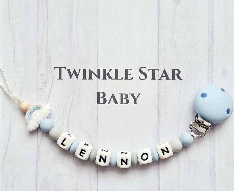 Matching Pram Charm And Silicone Dummy Clip Set Boy Blue White Grey Rainbow Baby Babies Pacifier