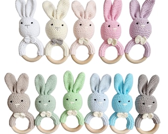 Large Crochet Bunny Rabbit Rattle | Birth |  Sensory | Rabbit | Newborn | Dummy Clip | Boy | Girl | Babies | Baby Shower | Gift