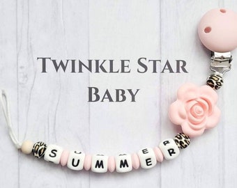 Full Silicone Handmade Personalised Dummy Pacifier Clip Chain With Silicone Clip Girl Pink Leopard Baby Shower Gift Present Christening