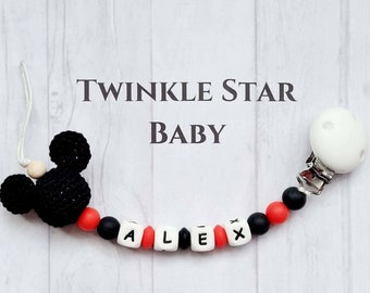 Vollsilikon Handgemachte personalisierte Dummy Schnullerkette Kette Silikon Clip Babys Schwarz Rot Baby Shower Geschenk häkeln Mickey Mouse Kopf