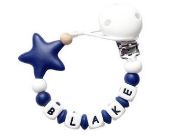Full Silicone Handmade Personalised Dummy Pacifier Clip Chain With Silicone Clip Boy Navy White Baby Shower Gift Star Pacifier Christening