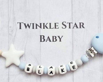 Full Silicone Handmade Personalised Dummy Pacifier Clip Chain Silicone Clip Boy Blue Grey White Star Baby Shower Present Christening