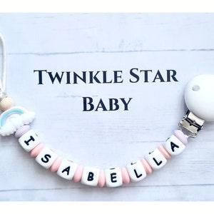 Full Silicone Handmade Personalised Dummy Pacifier Clip Chain With Silicone Clip Girl Pink Lilac Baby Shower Rainbow Babies 8 Letter Names