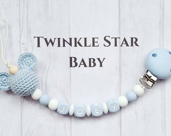 Personalised Blue Mickey like Dummy Clip//Chain dummy strap for reborn dolls