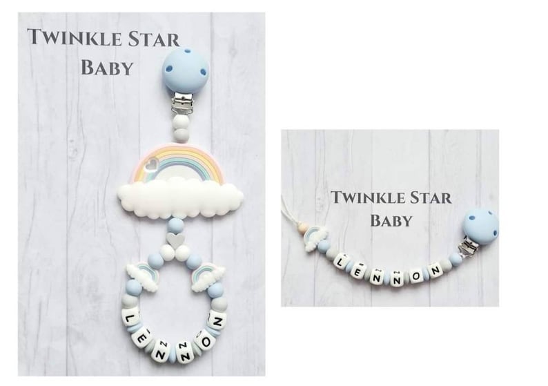 Matching Pram Charm And Silicone Dummy Clip Set Boy Blue White Grey Rainbow Baby Babies Pacifier