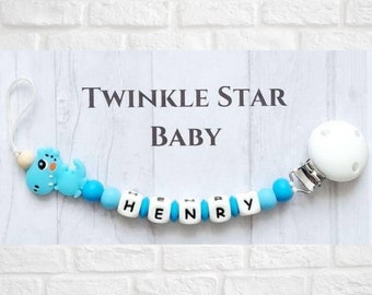 Full Silicone Handmade Personalised Dummy Pacifier Clip Chain With Silicone Clip Boy Blue White Baby Shower Gift Present Dinosaur Dino