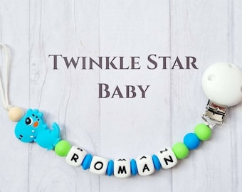 Vollsilikon Handgemachte personalisierte Schnullerkette mit Silikonclip Junge Blau Weiß Baby-Dusche-Geschenk-Dinosaurier-Dinosaurier