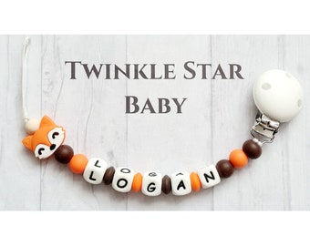 Full Silicone Handmade Personalised Dummy Pacifier Clip Chain With Silicone Clip Boy Orange Brown Baby Shower Gift Present Fox Woodland