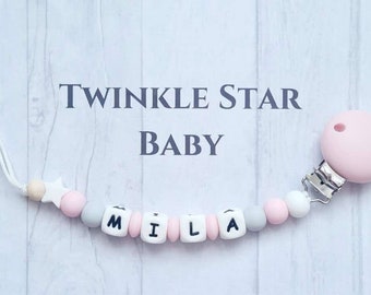 Full Silicone Handmade Personalised Dummy Pacifier Clip Chain With Silicone Clip Girl Pink Grey White Baby Shower Star Babies