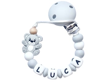 Volledige siliconen handgemaakte teddybeer gepersonaliseerde dummy fopspeenclip ketting met siliconen clip blauw roze grijs kraamcadeau aanwezig