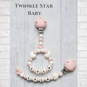 Matching Pram Charm And Silicone Dummy Clip Set Girl Pink White Heart Baby Babies Pacifier