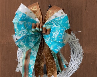 Teal, Cream, Dark Brown Gorgeous Bow, Lantern Swag, 4 Ribbons, Staircase Bow, Wreath Bow, 1 1/2 And 2 1/2 Wired Ribbon, Quick To Ship