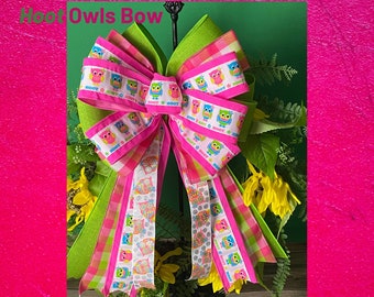 Hoot Owl Bow Use On A Lantern Swag, Mantle, Staircase, Wreath, Mailbox, 4 Ribbons, 1.5& 2.5 Inch Ribbon, Fuchsia Yellow Green, Quick To Ship