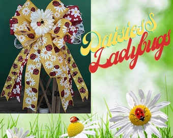 Daisies And Ladybugs Bow Use On A Lantern Swag, Mantle, Staircase, Wreath, Mailbox, 4 Ribbons, Red And Yellow, Quick To Ship