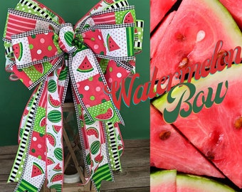 Watermelon Bow Use On A Lantern Swag, Mantle, Staircase, Wreath, Mailbox, 4 Ribbons, Red And Green, Quick To Ship