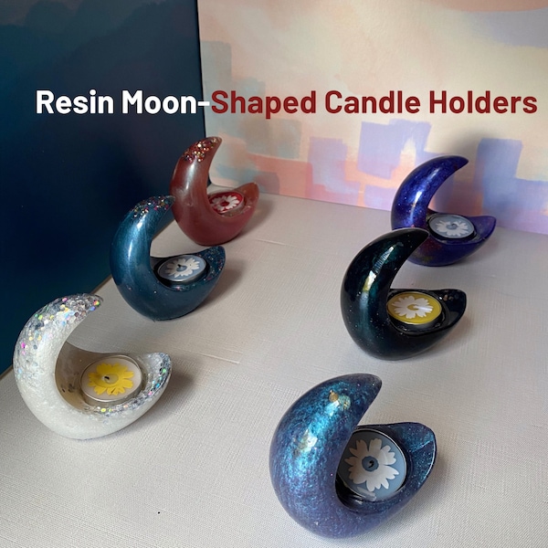 RESIN Moon Shaped Tea Light Candle Holder, Modern, Votive, Home Decoration, Green, Blue, White, Customize Color, Made To Order