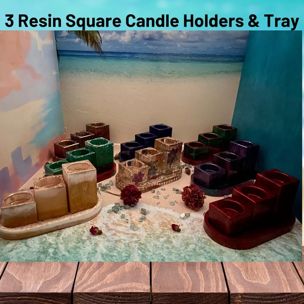RESIN 3Pcs Square Tea light Candle Holder And Tray, Modern, Votive Size, Various Colors And Designs, Original 1 Of A Kind, Quick To Ship