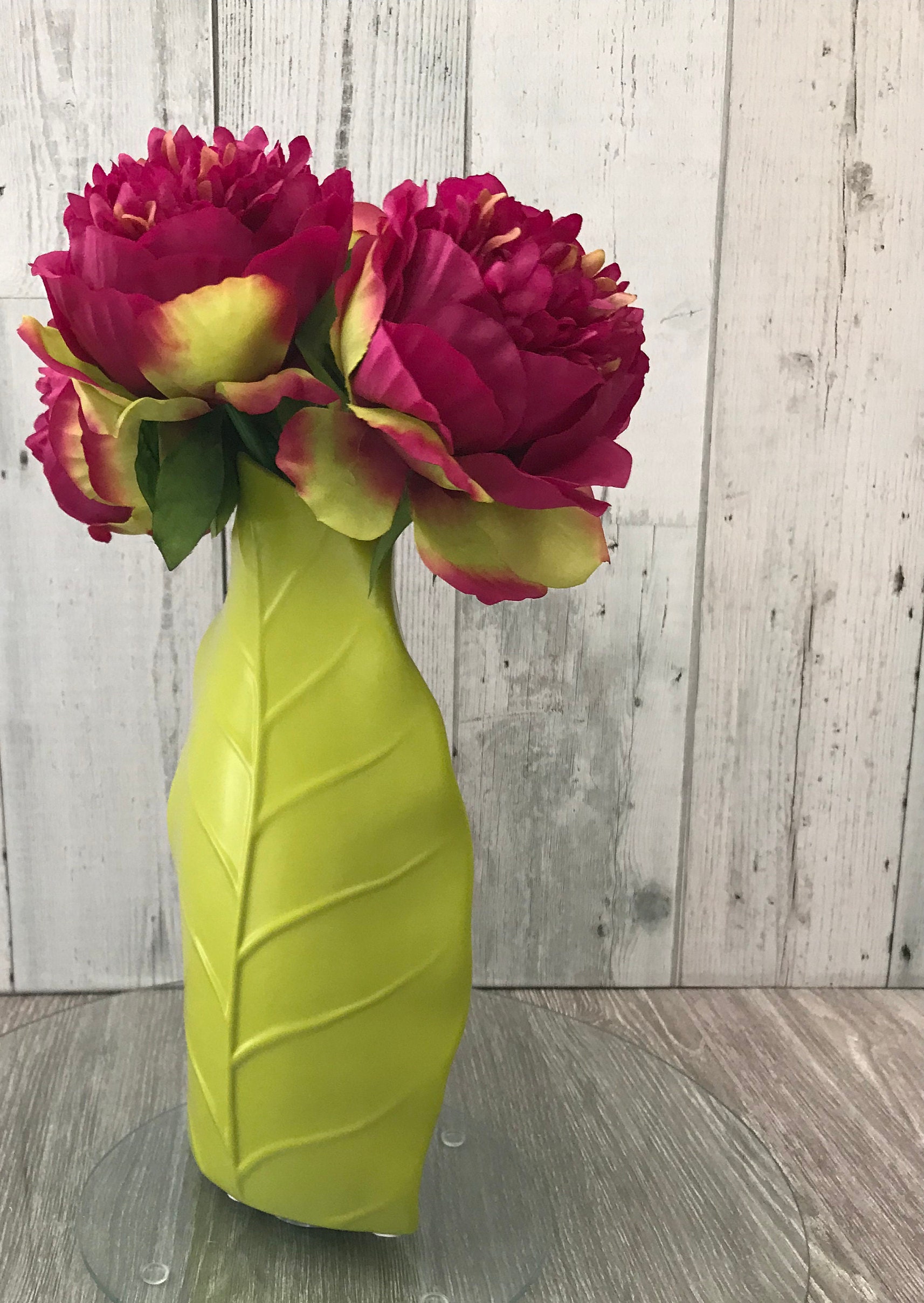 Lime Green Leaf Vase With Exquisite Fuchsia Silk Flowers Etsy