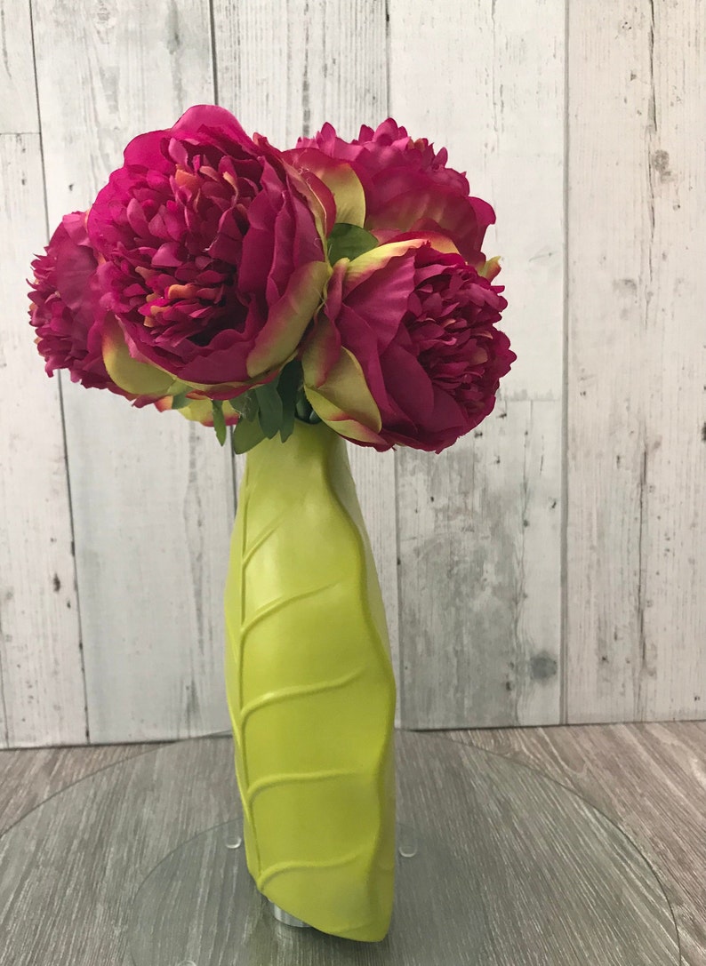 Lime Green Leaf Vase With Exquisite Fuchsia Silk Flowers Etsy