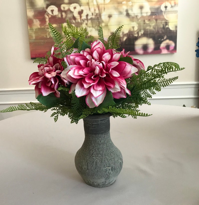 Reddish Pink Artificial Flowers In a Grey Cement Vase Etsy