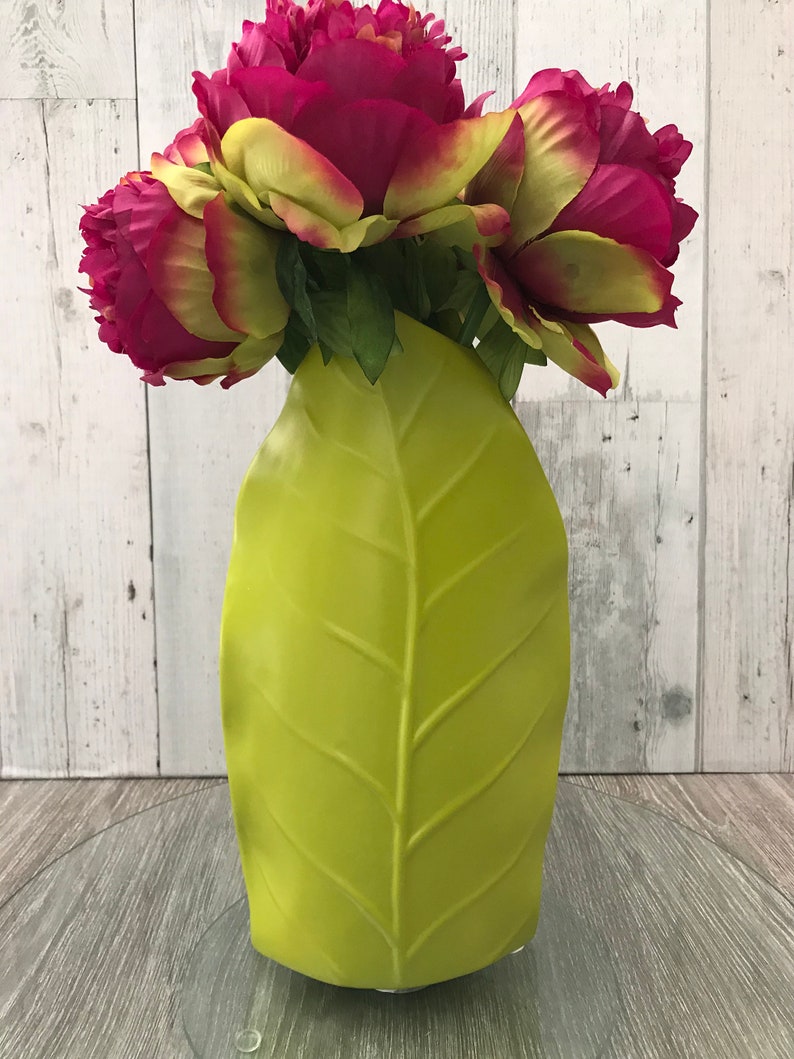 Lime Green Leaf Vase With Exquisite Fuchsia Silk Flowers Etsy