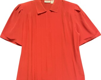 Vintage Academia Secretary Twee Red Pleated Short Sleeve Blouse Top Size 8
