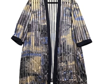 Vintage Kimono Jacket Abstract Sheer Metallic 16WP Blue Gold Open Front