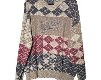 Vintage Men's XXL Novelty 3D Knit Embroidered Golf Sweater Argyle Gray Maroon Navy