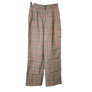 May include: A pair of high-waisted, plaid trousers in a neutral color palette of gray, beige, and red. The pants feature a button and zipper closure, pleats at the waist, and a wide-leg design. The fabric has a subtle sheen.