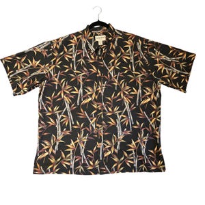 Vintage Cooke Street Honolulu 2XL Mens Hawaiian Aloha Shirt Black Bamboo Leaf Print
