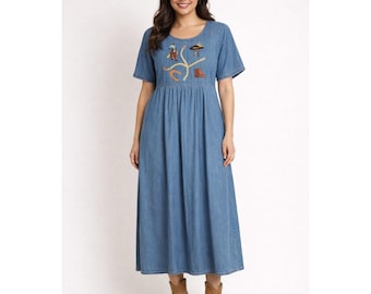 Vintage 90s Western Denim Country Rodeo Embroidered Maxi Dress Size L