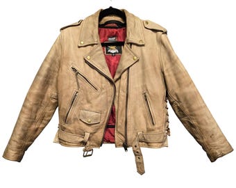 Jamin Leather Distressed Tan Leather Moto Jacket Cropped Biker Style