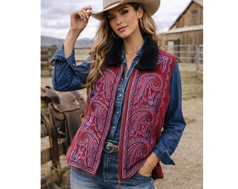Bob Mackie Wearable Art Embroidered Vest Western Paisley Fleece Faux Fur M