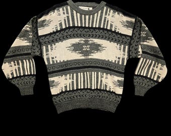Vintage 80s Crewneck Sweater Southwestern Geometric Pattern Knit  Gray White Size XL