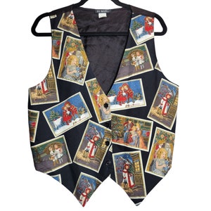 111 Main Vintage Schwarz Weihnachten Postkarte Weste Button Up Baumwolle Größe Large