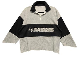 Vintage Raiders Quarter Zip Pullover Cropped Sweatshirt L Grey Black DIY