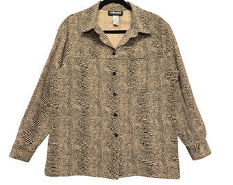 Vintage Mobwife Office Button Up Blouse Animal Print 16P Tan Long Sleeve Shirt