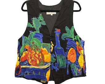 Dorothy Schoelen Platinum Vest Art to Wear Tropical Fruit Large Black 90s USA