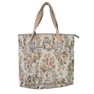 Vintage Jordache Multicolor Floral Tapestry Tote Bag With Sturdy Beige Handles & Zipper Closure