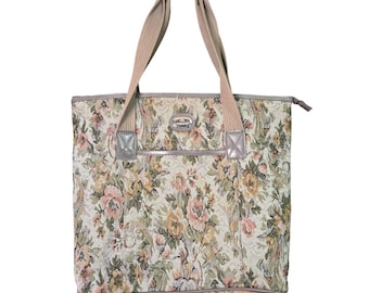 Vintage Jordache Multicolor Floral Tapestry Tote Bag With Sturdy Beige Handles & Zipper Closure