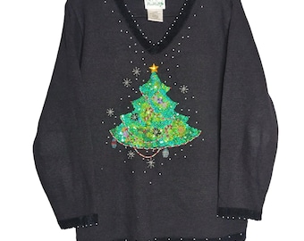 Vintage The Quacker Factory Holiday Christmas Tree Sweater Large Black Beaded Knit Womens Top
