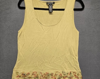 Cottagecore Earthy Knit Tank Top Floral Embroidered Cashmere Bamboo M Green