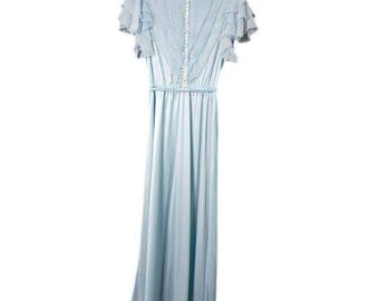 Vintage Prairie Cottagecore 70s Small Flutter Sleeve Pleated Powder Blue Maxi Dress Sheer