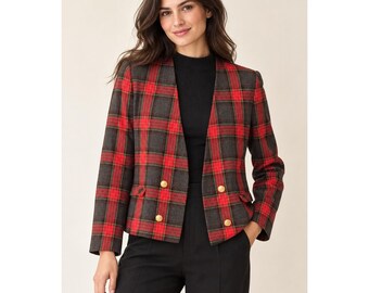 Tan Jay Plaid Blazer Double Breasted Gold Crest Button Red Grey Large Collarless