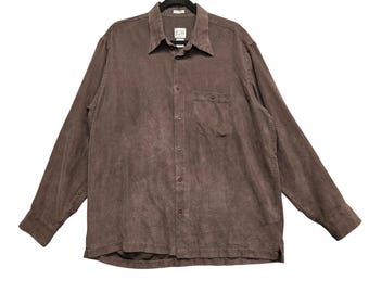 Vintage Shirt Micro Suede Button Up L Brown Long Sleeve Dark Academia Earth Tone