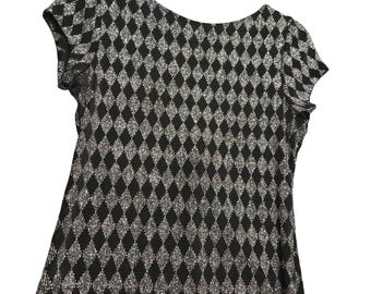 Black Silver Metallic Harlequin Diamond Scoop Back Short Sleeve Top Maximilist